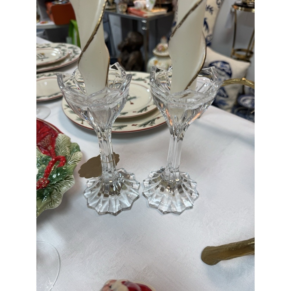 Gorham 24% Lead Crystal Candlesticks  Pair‎ + Ivory Gold Spiral Taper Candles